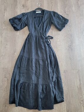 Faithful The Brand Eddee Black Wrap Maxi Dress with Puff Sleeves